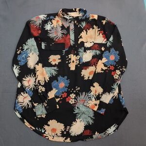 Ann Taylor Factory Women M Black Floral V Neck Long Sleeve Blouse